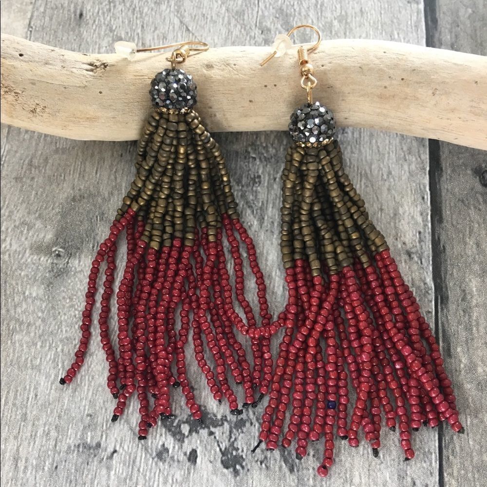 Red And Green Seed Bead Tassel Pave Crystal Earrings